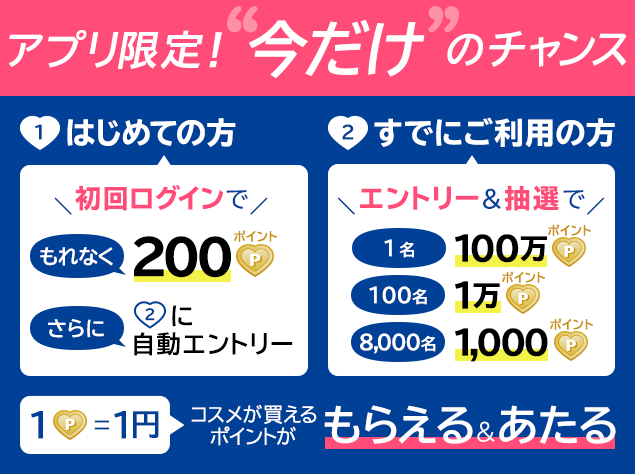 @cosmeアプリ2大キャンペーン★抽選で8,101名に総額1,000万円分のポイントがあたる