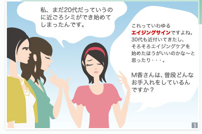 私、まだ20代だっていうのに近ごろシミができ始めてしまったんです。　これっていわゆるエイジングサインですよね。30代も近付いてきたし、そろそろエイジングケアを始めたほうがいいのかな～と思ったり・・・。　M香さんは、普段どんなお手入れをしているんですか？ 