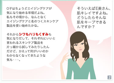 O子はちょうどエイジングケアが気になり始める年頃だよね。私もその頃から、なんとなくエイジングケアと名のつくスキンケア製品を使い始めたかな。　それからシワもハリもくすみも気になりだして、それぞれにいいと言われるスキンケア製品を片っ端から試してみたりしたんだけど、かえって何がいいのかわからなくなってきたような気も・・・。　そういえばE美さん、肌キレイですよね。どうしたらそんな肌をキープできるんですか？ 