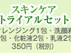 スキンケアトライアルセット クレンジング1包・洗顔料 2包・化粧液2包・乳液2包 350円（税別）