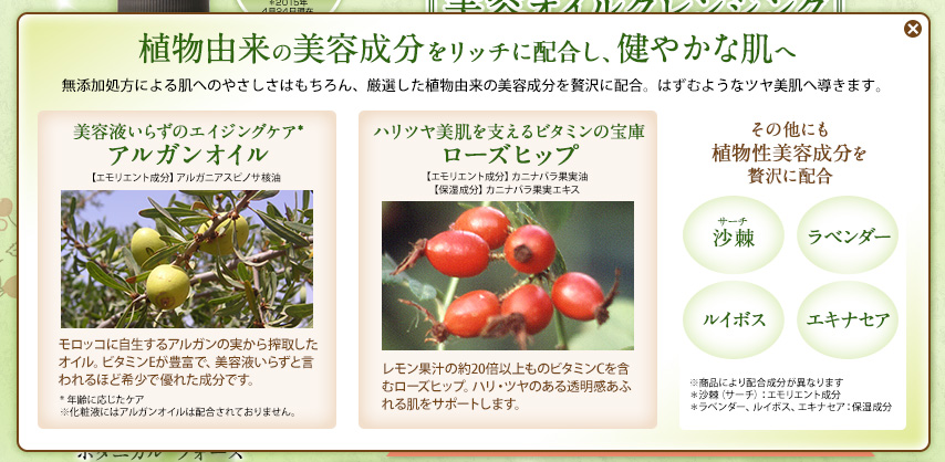 植物由来の美容成分をリッチに配合し、健やかな肌へ 無添加処方による肌へのやさしさはもちろん、厳選した植物由来の美容成分を贅沢に配合。はずむようなツヤ美肌へ導きます。 美容液いらずのエイジングケア* アルガンオイル 【エモリエント成分】アルガニアスピノサ核油 モロッコに自生するアルガンの実から搾取したオイル。ビタミンEが豊富で、美容液いらずと言われるほど希少で優れた成分です。 * 年齢に応じたケア ※化粧液にはアルガンオイルは配合されておりません。 ハリツヤ美肌を支えるビタミンの宝庫 ローズヒップ 【エモリエント成分】カニナバラ果実油 【保湿成分】カニナバラ果実エキス レモン果汁の約20倍以上ものビタミンCを含むローズヒップ。ハリ・ツヤのある透明感あふれる肌をサポートします。 その他にも植物性美容成分を贅沢に配合 沙棘（サーチ） ラベンダー ルイボス エキナセア ※商品により配合成分が異なります ＊沙棘（サーチ）：エモリエント成分 ＊ラベンダー、ルイボス、エキナセア：保湿成分