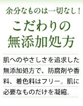 余分なものは一切なし！ こだわりの無添加処方 肌へのやさしさを追求した無添加処方で、防腐剤や香料、着色料はフリー。肌に必要なものだけを凝縮。