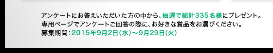 アンケートにお答えいただいた方の中から、抽選で総計335名様にプレゼント。専用ページでアンケートご回答の際に、お好きな賞品をお選びください。 募集期間：2015年9月2日（水）～9月29日(火）